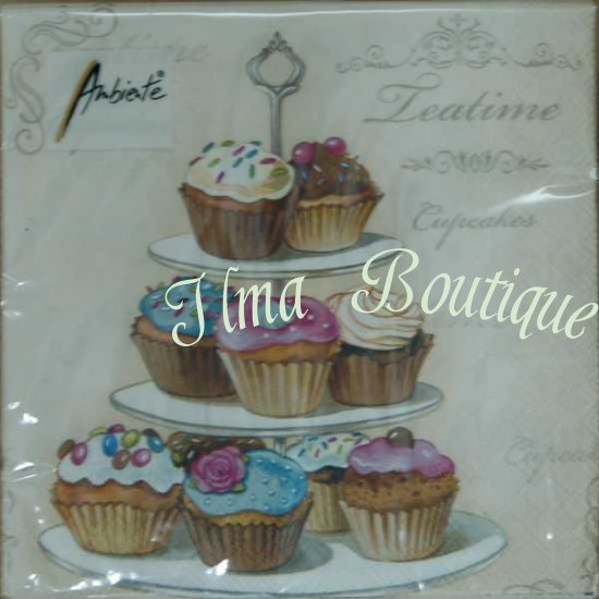 Cupcakes on etagere 3-laags papieren servetten pakje per 20 st. - Klik op de afbeelding om het venster te sluiten